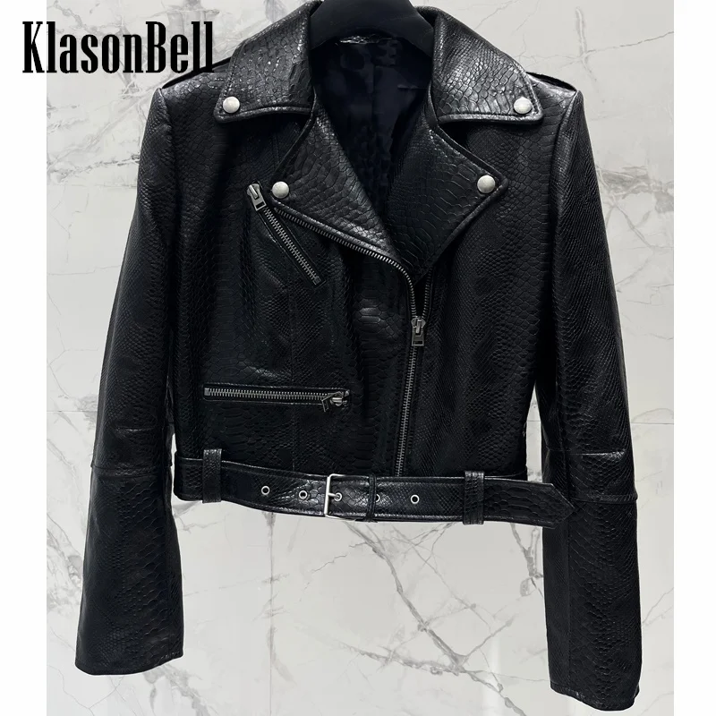 

8.4 KlasonBell Women's Fashion Luxury Snake Pattern Genuine Leather Jacket Side Zipper Hem Buckle Sashes Decoration Casual Coat