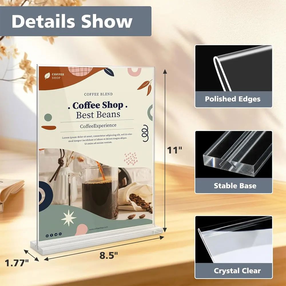 6-Pack 8.5 x 11 Inch Clear Acrylic Sign Holders, Double-Sided Tabletop Stands with Removable T-Bases for Menus and Retail Signs