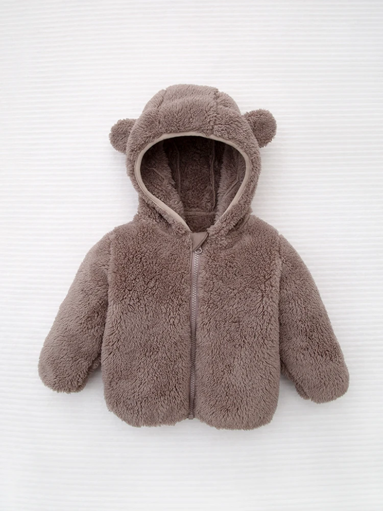 Winter new baby boy thick hooded teddy bear ear coat with coral fleece fabric for warmth Child Accessories