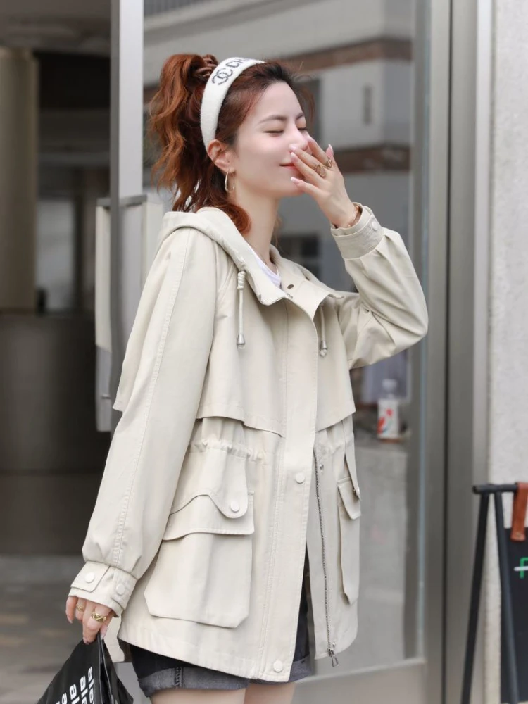 Beige Windbreak Women's Mid-Long Hooded Trench 2023 Popular Autumn New High Quality Temperament Pleated Coat Female Lining Coat