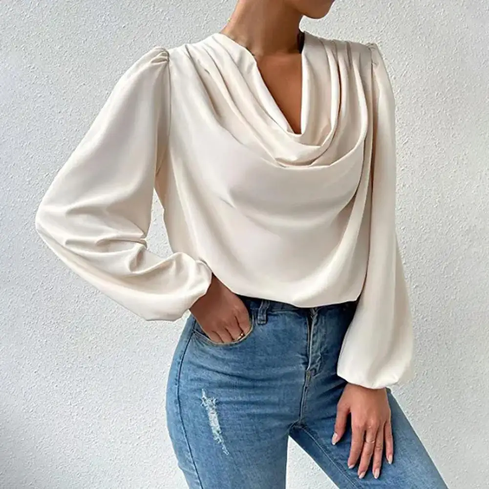 

Women Blouse Elegant Chiffon Women's Shirt with Lantern Sleeves Draped Collar Stylish Loose Fit Top for Wear Commuting Draped