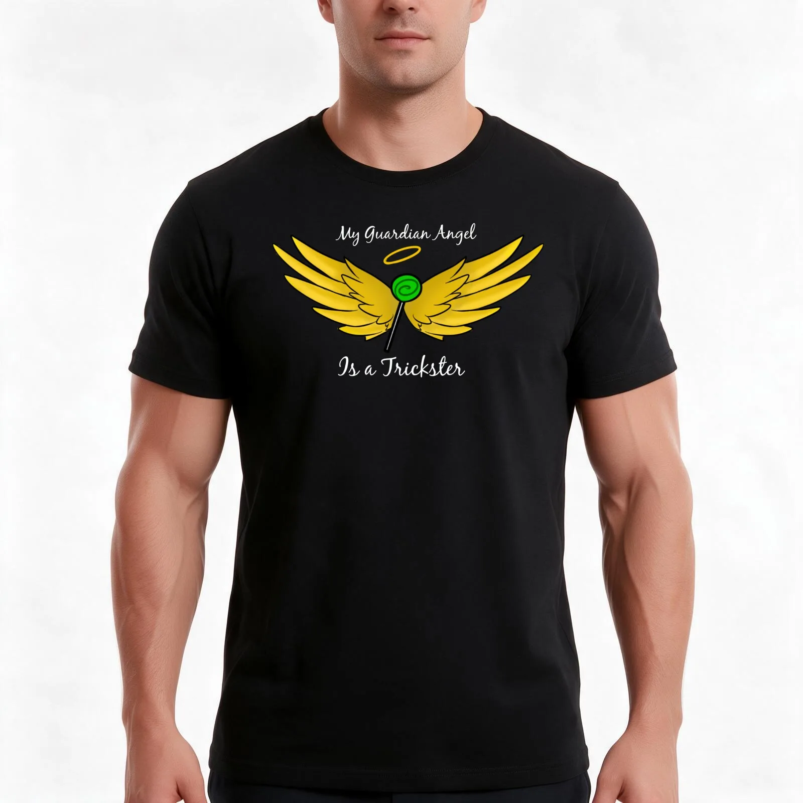 My Guardian Angel Is a Trickster WHITE TEXT T-Shirt, Summer Casual Cotton Tee, Oversized Streetwear Tops, Vintage Graphic Print