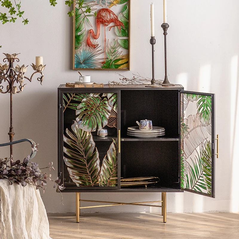 

retro American decorative shoe cabinet, entrance black glass wrought iron dining side painted home light luxury carving