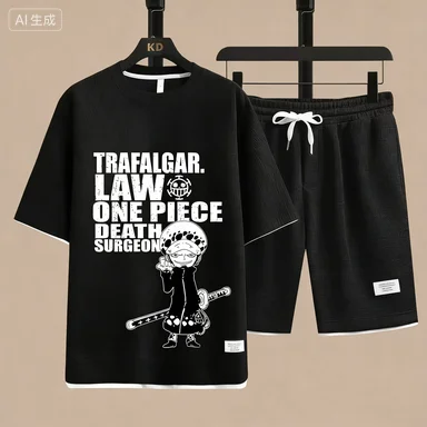 

Новый комплект 2026: футболка и шорты с графическим принтом One Piece Trafalgar Law, мужской летний повседневный спортивный костюм в стиле аниме