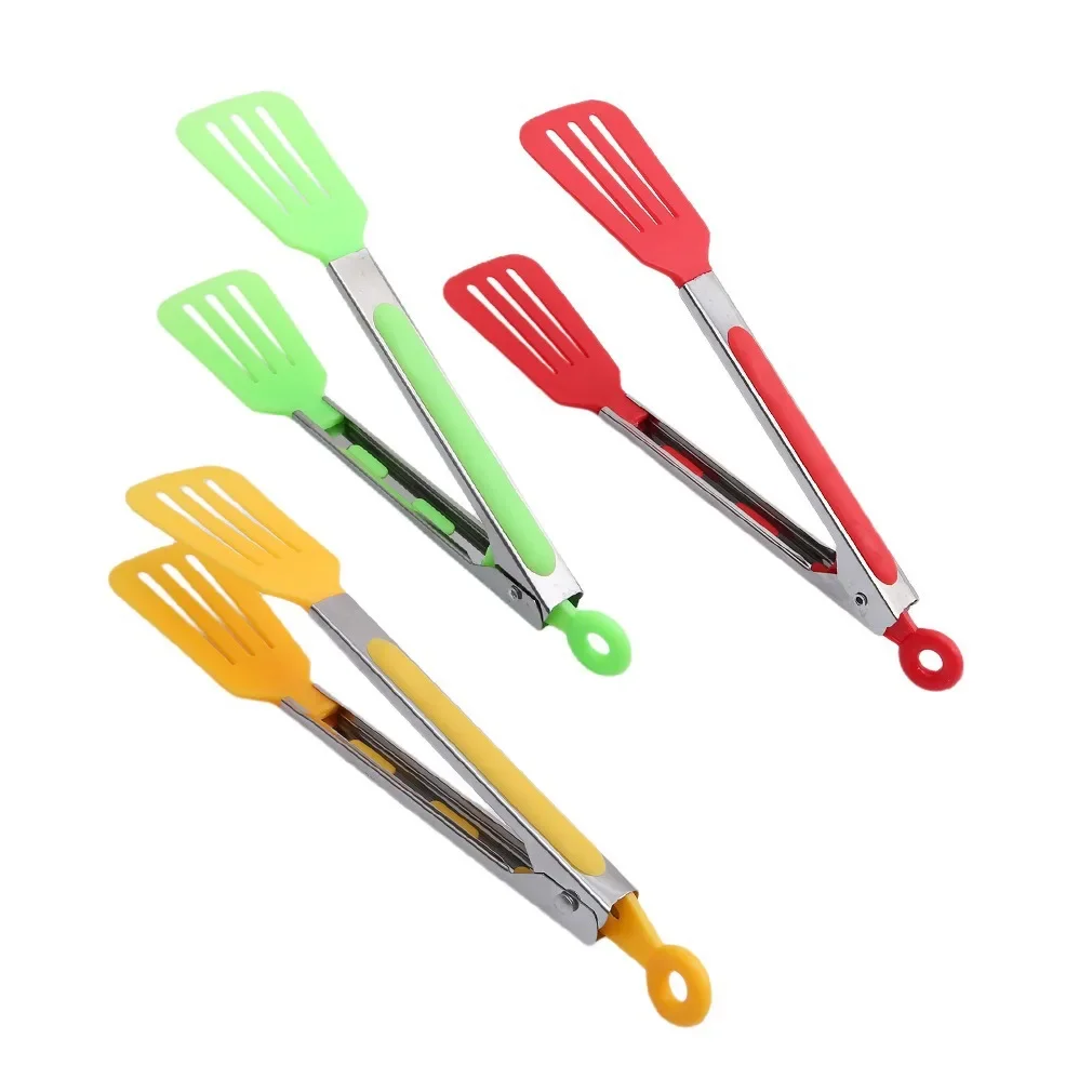 New Stainless steel Plastic Food Tongs BBQ Clips Salad Bread Serving Tongs Kitchen Accessories Color Random