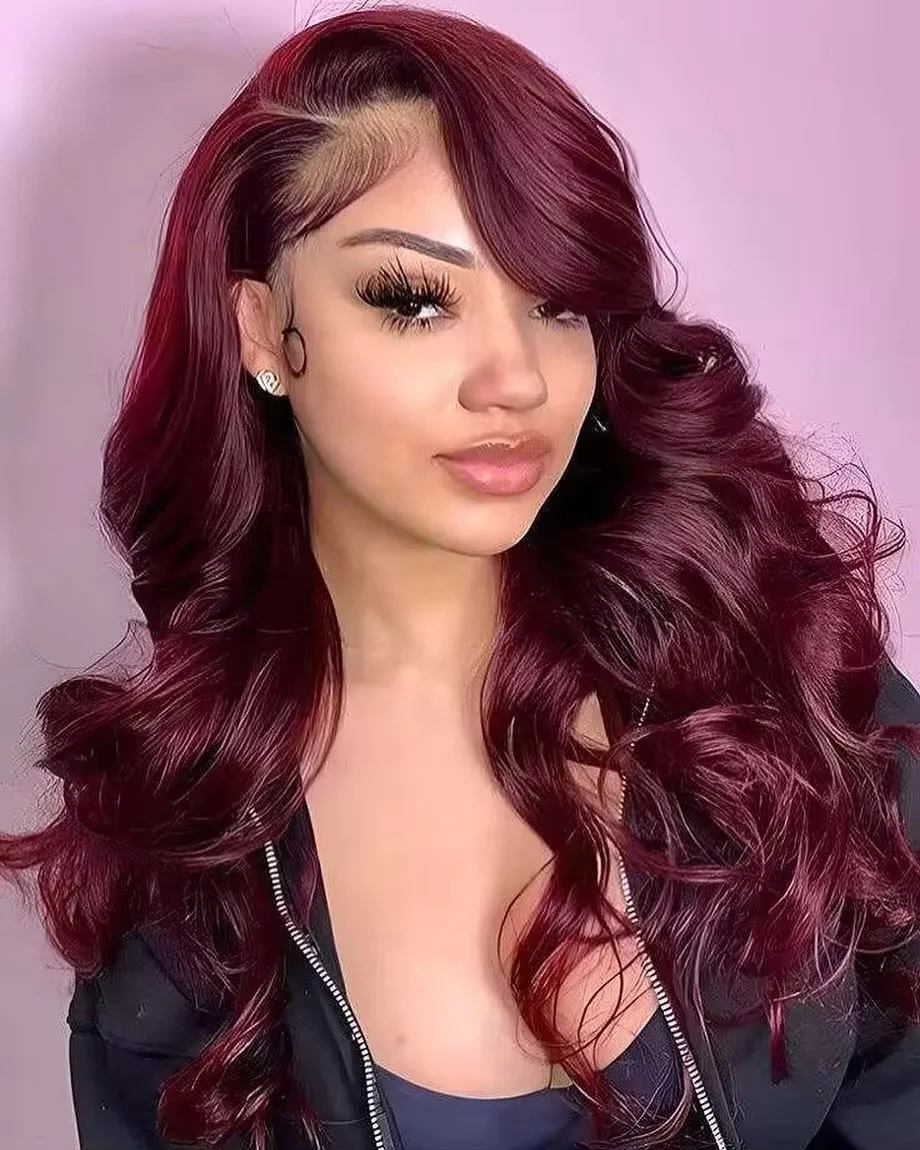13 × 4 объемные волны, кружевные передние парики, человеческие волосы, бордовый, плотность 220, красный цвет, прозрачный, предварительно сорванный, кружевной фронтальный парик для женщин 99J