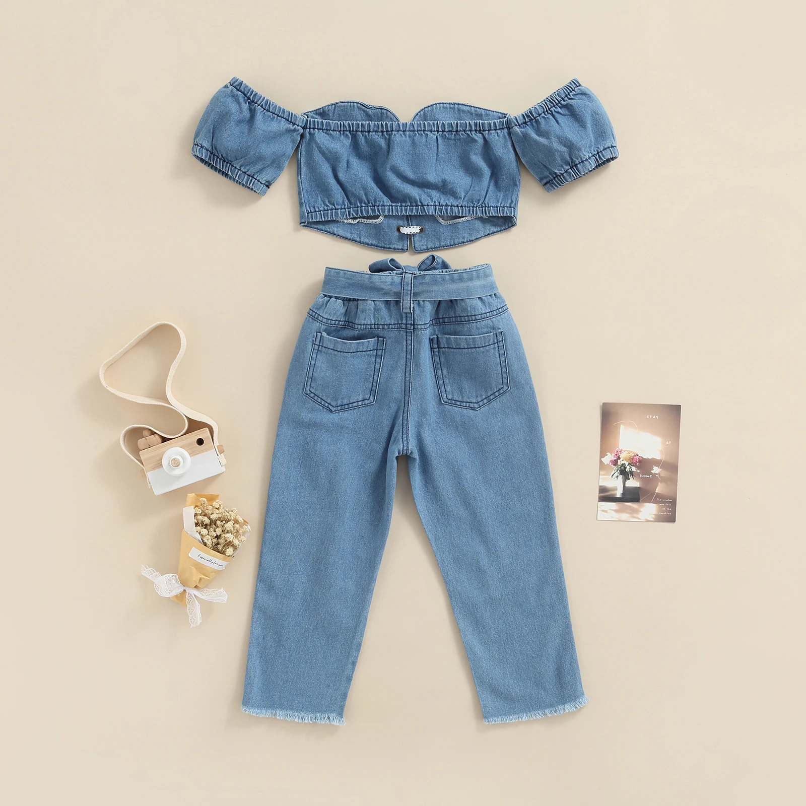 Girls Clothes Set Kids Clothes Suit Children Off Shoulder Short Sleeve Lacing Crop Tops+Ripped Jeans Girls Clothing Sets 2-7Year
