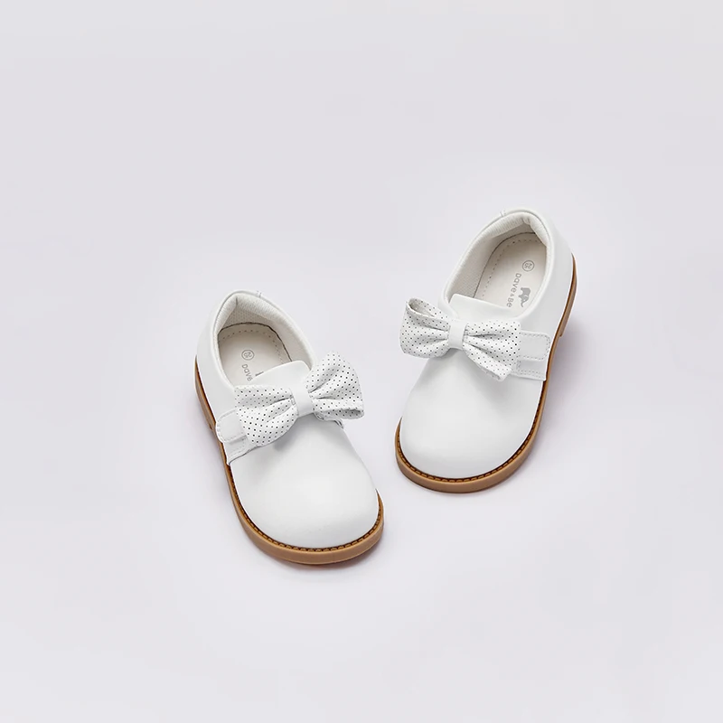 Dave Bella Girls Leather Shoes 2024 Spring New Children Shoes White Bow Princess Non-slip Sole Flat Kids Shoes DB1240206