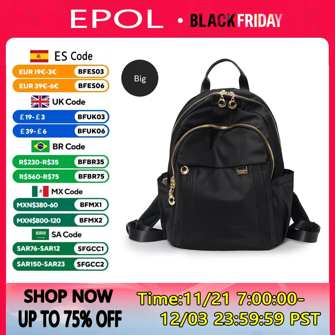 Epol Backpack For Women 2024 New Large Solid Casual Fashion Student Bag Multi-Pocket Zipper Waterproof Travel Lady Bags 6013-10