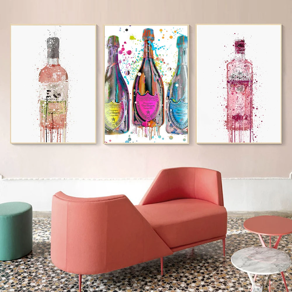 Luxury Artwork Gin Bottle Pink Perfume Wine Cup Art Canvas Painting Wall Abstract Graffiti Poster Modern Room Home Decor Cuadros