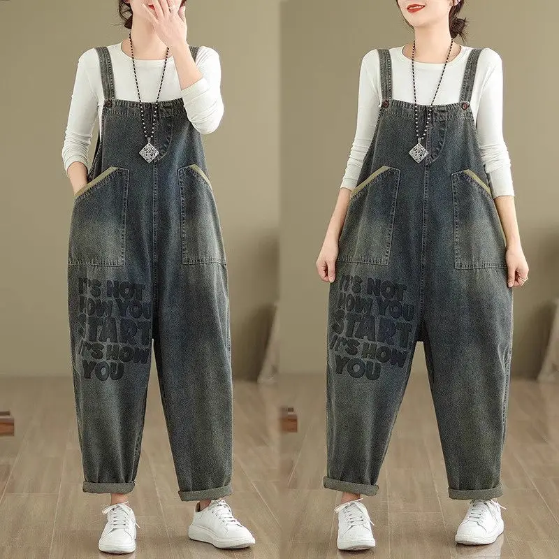 

Design Denim Overalls For Women Autumn Versatile One-Piece Carrot Pants Loose Large Version Loose Lantern Jumpsuit Jeans k2484