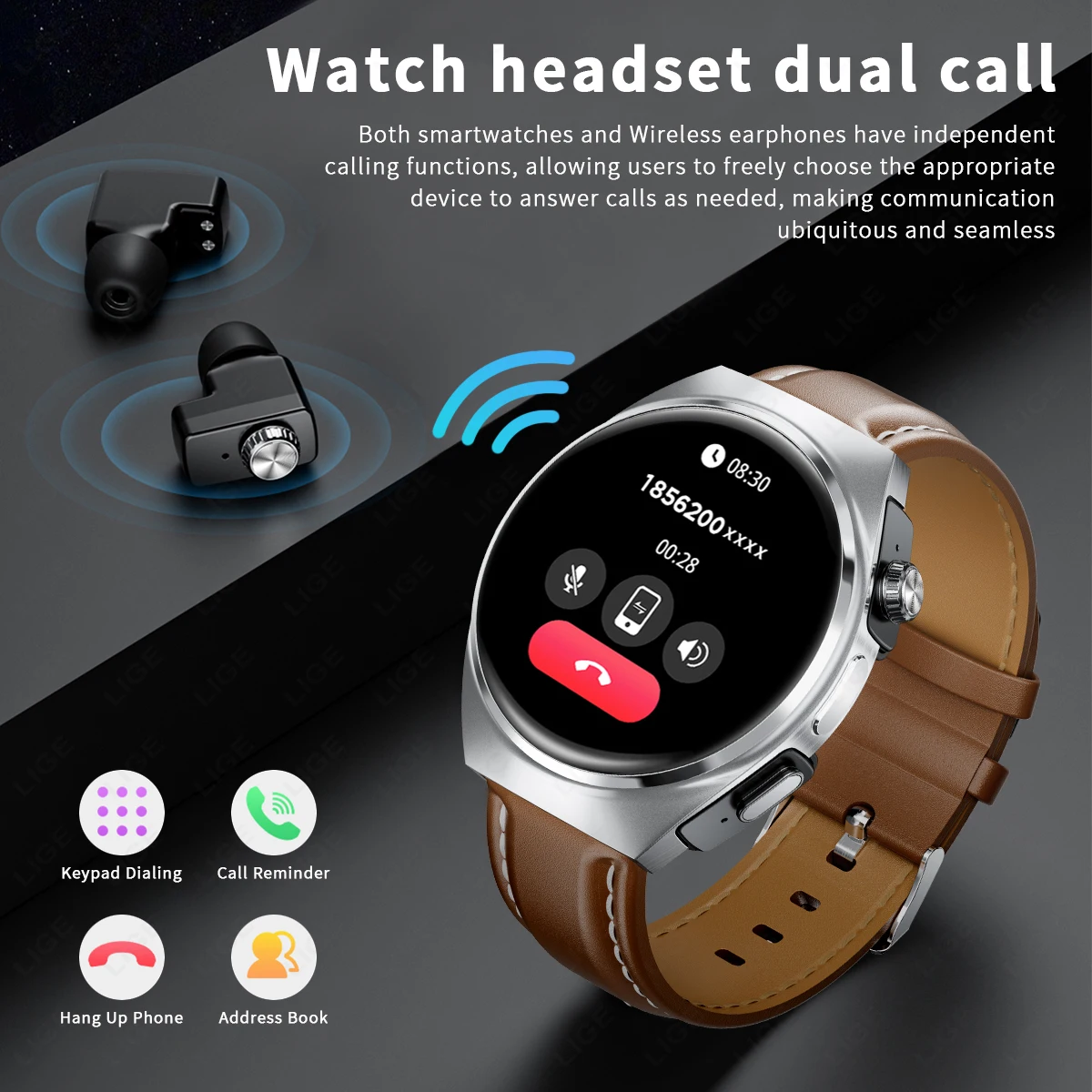 LIGE NFC TWS Smart Watch Mężczyźni 2 w 1 Słuchawki douszne Bluetooth Połączenie Muzyka Słuchawki Zegarki Tętno Sport Fitness Smartwatch 2025 Nowość