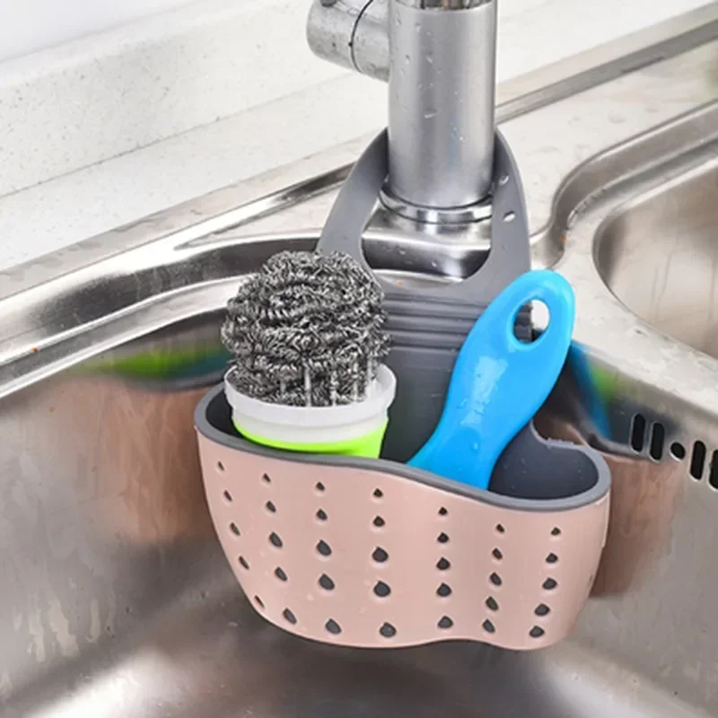 Kitchen Sink Caddy Sponge Holder Silicone Plastic Soap Holder Hanging Ajustable Strap Faucet Caddy with Drain Holes for Drying