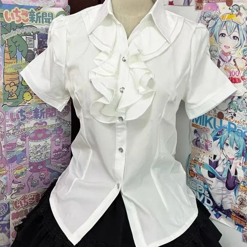 

Goth Streetwear Women Shirts Short Sleeve Chic White Blouses 2025 Camisas De Mujer Ruffles Summer Japanese Vintage Blouse Tops