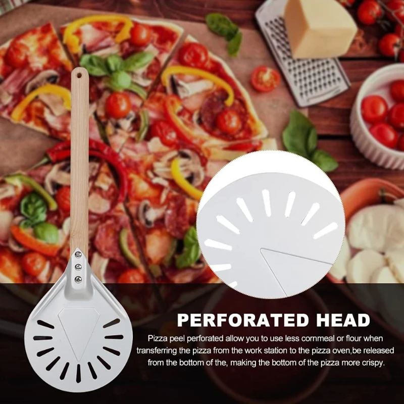 7/8/9 Inch Aluminum Perforated Pizza Peel Metal Round Pizza Paddle Non Slip Wooden Handle Pizza Spatula Shovel Baking Tools