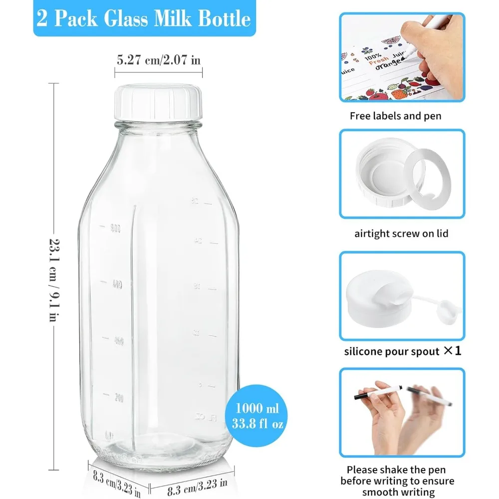 زجاجة حليب مع غطاء موزع، غطاء لولبي عالي التحمل بنسبة 100%. عبوتان من الزجاجات الزجاجية القابلة لإعادة الاستخدام سعة 32 أونصة مع 3 أغطية! الثدي