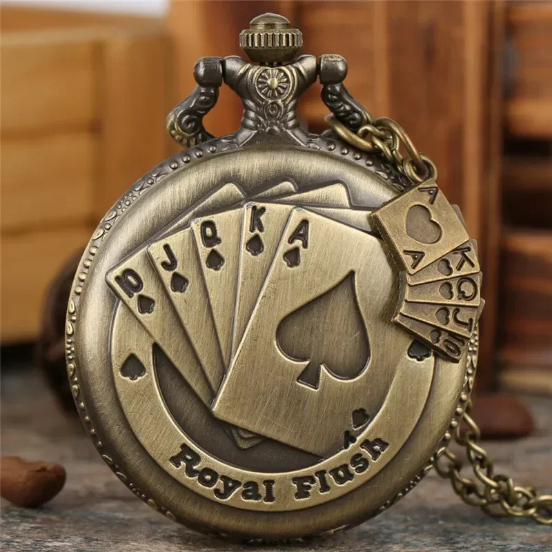 Vintage Engraved Poker Card Design Antique Quartz Pocket Watch for Men Women Arabic Numeral Display Clock with Sweater Chain