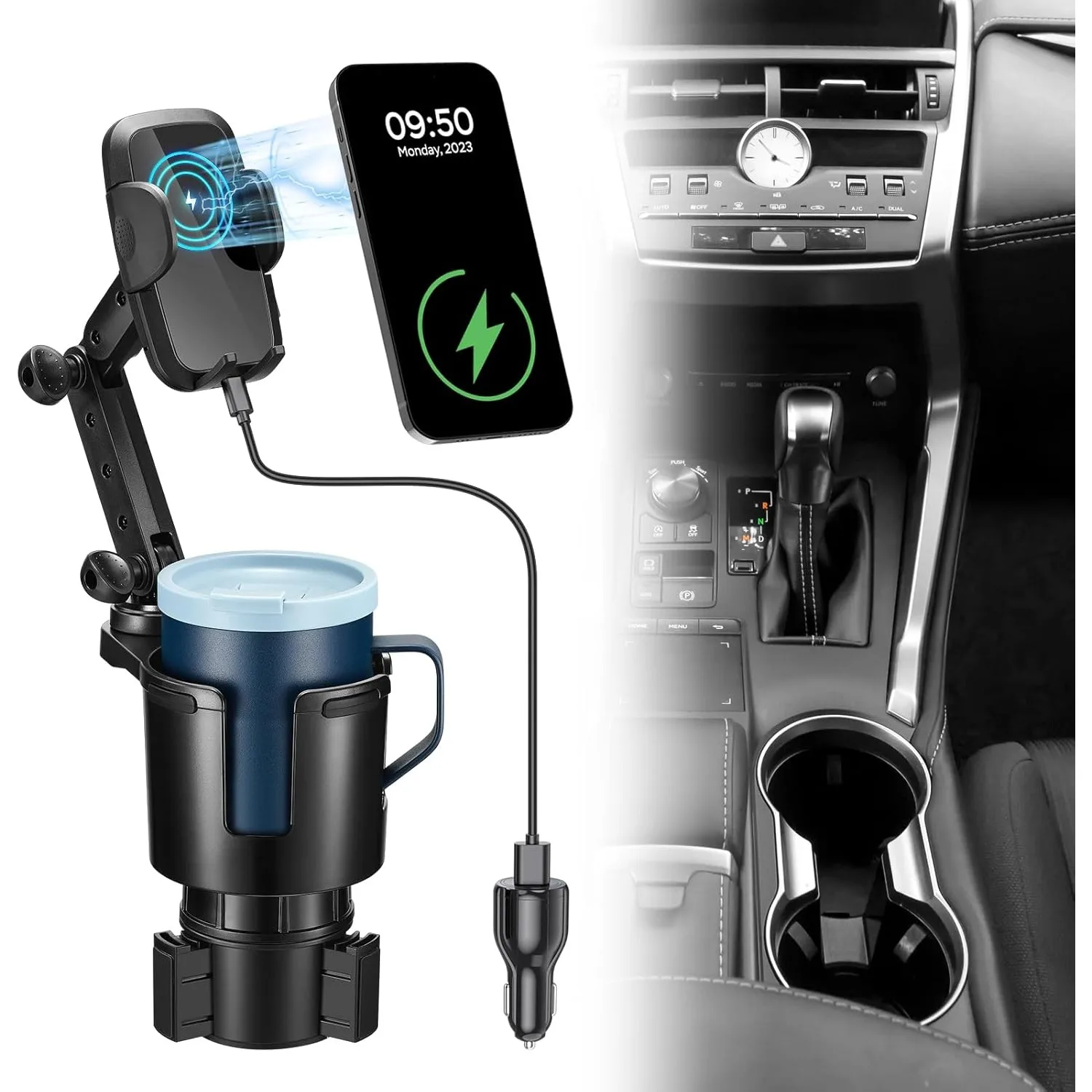 

Cup Holder Phone Charger, 15W Fast Charging Auto Clamping with Adjustable Base & 360° Rotation Compatible for All Smartphones