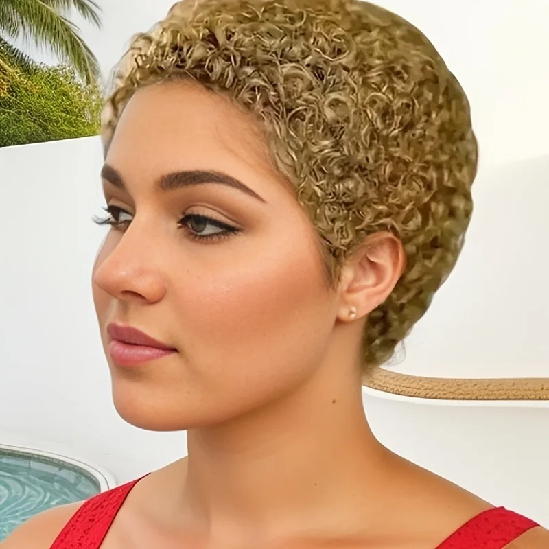 짧은 아프로 킨키 컬리 웨이브 픽시 컷 가발 여성용 인모 전체 기계 제작 가발