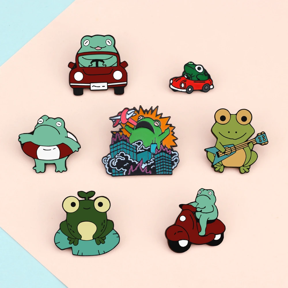 Funny Frog Brooches Cartoon Driving Red Car Motorcycle Guitar Froggy Enamel Pins Bag Denim Lapel Pin Animal Badge Kids Jewelry