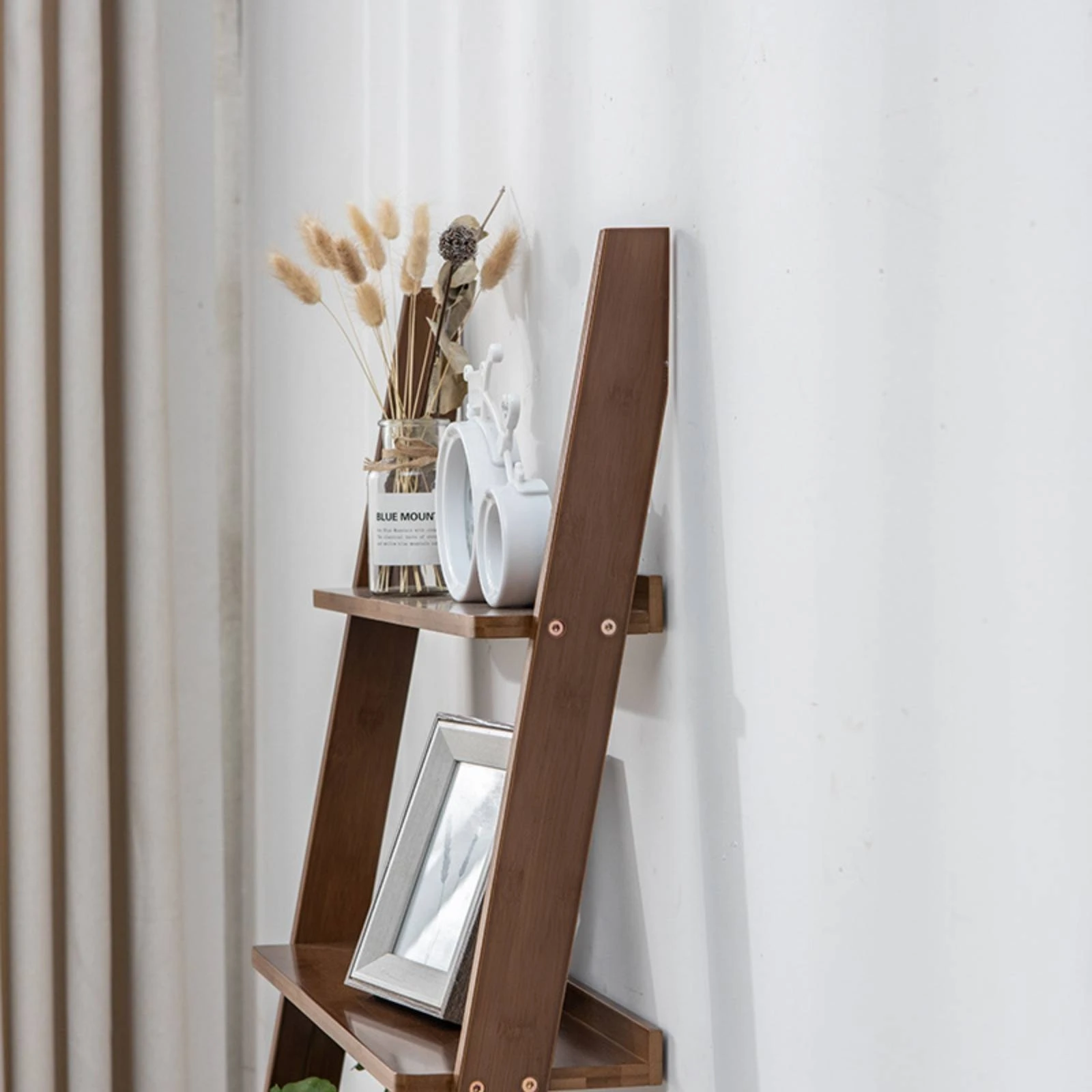 

Bamboo Ladder Shelf Multi Tier Ladder Bookshelf Floor Standing Shelf Space Saving Shelving Single-Tier Stable for Bedroom