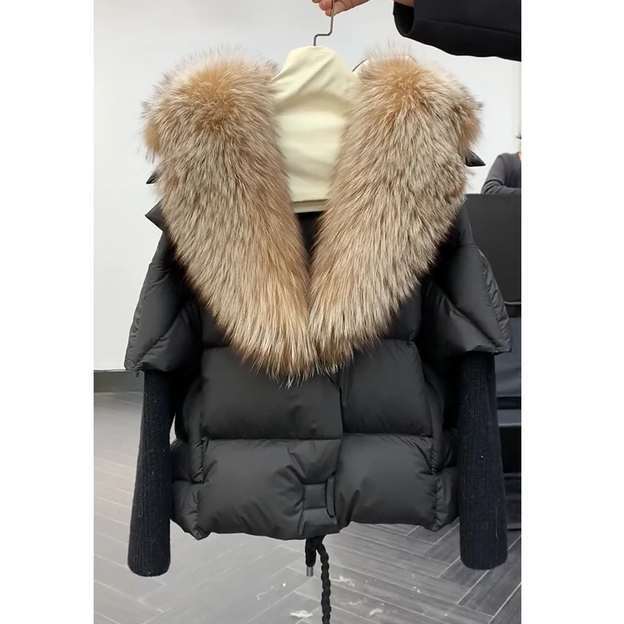 

MENINA BONITA 2023 Real Fur Coat 90% White Goose Down Jackets Women Winter Warm Natural Silver Fox Fur Collar Loose new Fashion