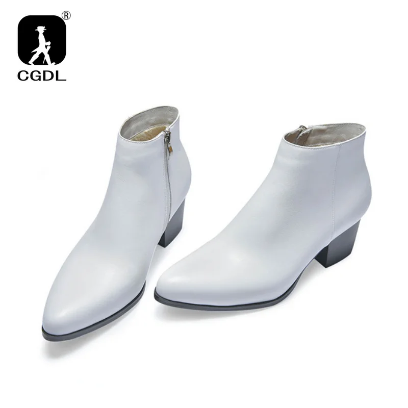 6 Cm High Heels Men\'s Ankle Boots Luxury Genuine Leather 2024 Winter Warm Black White Wedding Party Social Boots Man Dress Shoes