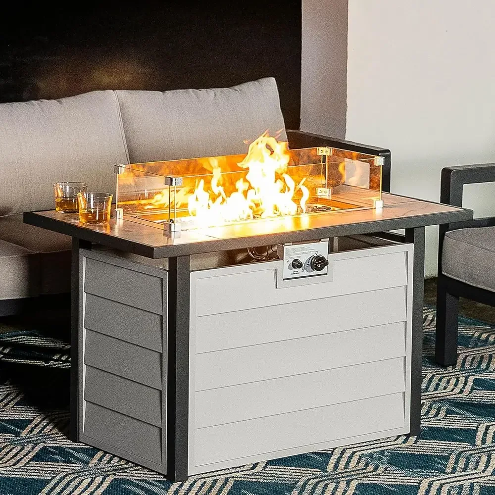 43 Outdoor Propane Fire Pit Table with 50,000 BTU, Marble Glass Top, CSA Certified, Wind Guard, Ivory White