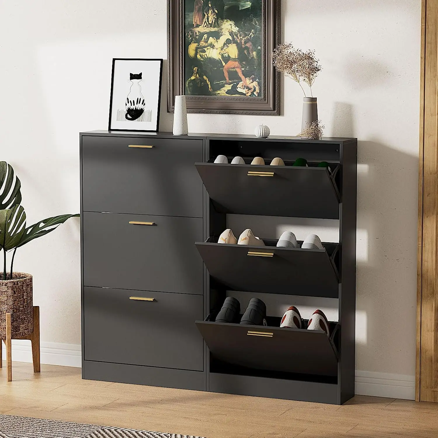 

Narrow Shoe Storage Cabinet Set of 2, 3 Flip Drawer Shoe Cabinet for Entryway Slim, Black Hidden Shoe Organizer Cabinet