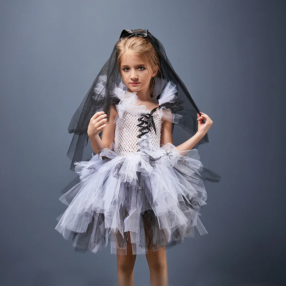 Halloween Children New Bride Tutu Dress New Arrival Fluffy Tiered Mesh Skirt Playful Cute Stage Outfit Attire Holiday Apparel