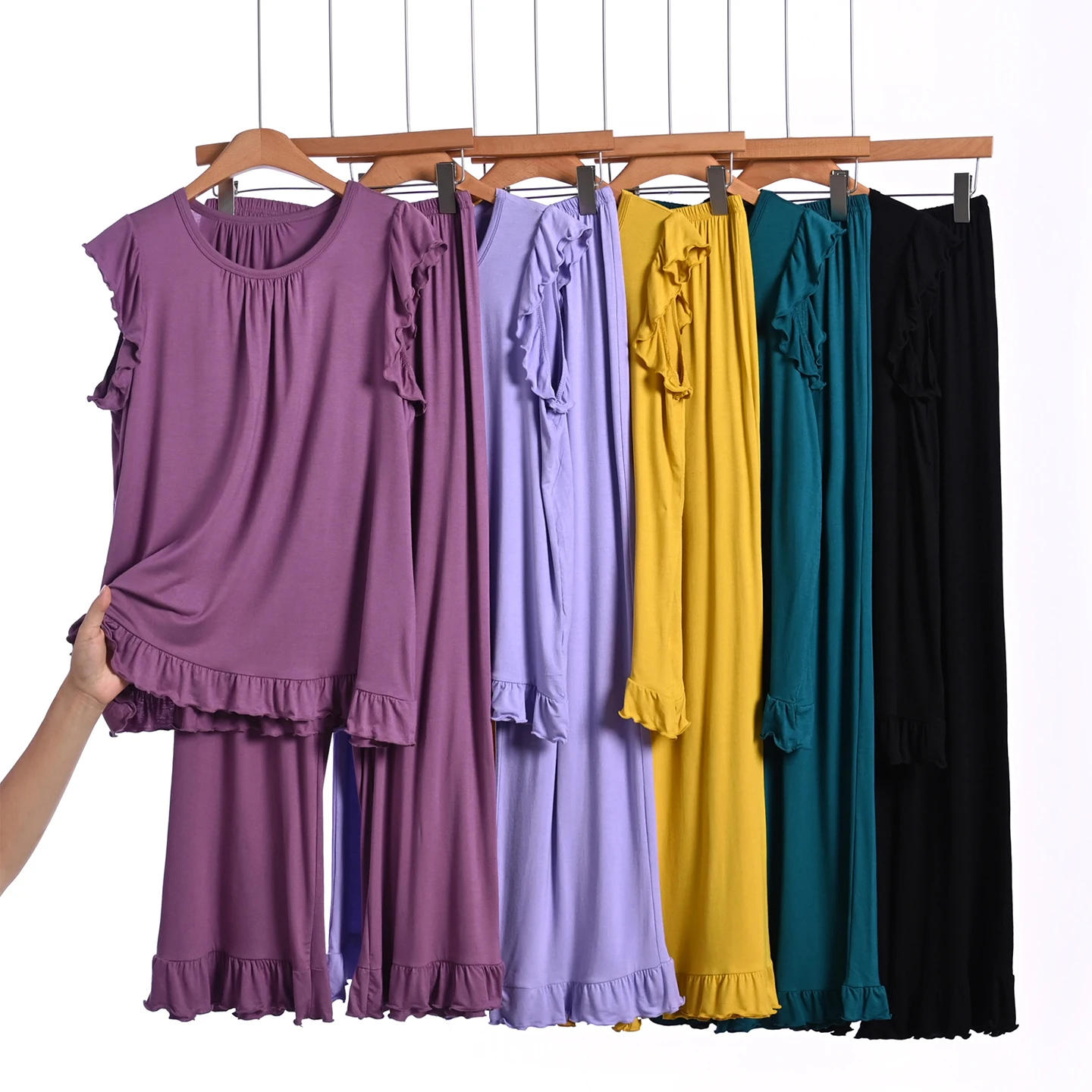 Ladies' Modal Sleeveless T-Shirt And Ruffle Pants Set Comfortable Home Clothes Nightgown Two-Piece Set round Neck Warmth Set