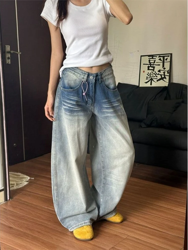 

Женские джинсы с винтажной вышивкой — широкие брюки с низкой посадкой в американском стиле ретро, джинсовый дизайн с карманами Y2K Scimitar, осенний свободный крой Strai