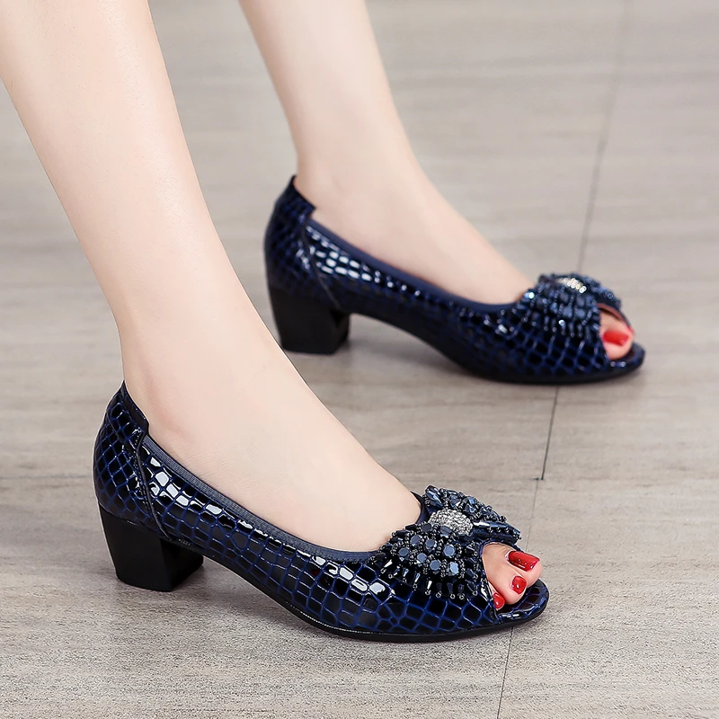 Genuine Leather Women's Half Heels Pumps Mid Heel Diamond Bow Elegant Woman Heeled Shoes Comfortable Women's Shoe Mules Sandals