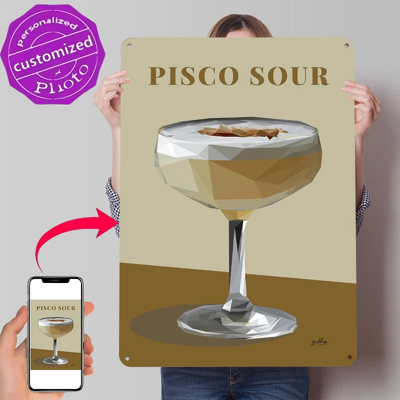 Letrero Metálico Personalizado de Pisco Sour Low Poly, Estilo Vintage, Decoración de Pared Retro para Habitación, Hogar, o Cuarto de Hombres