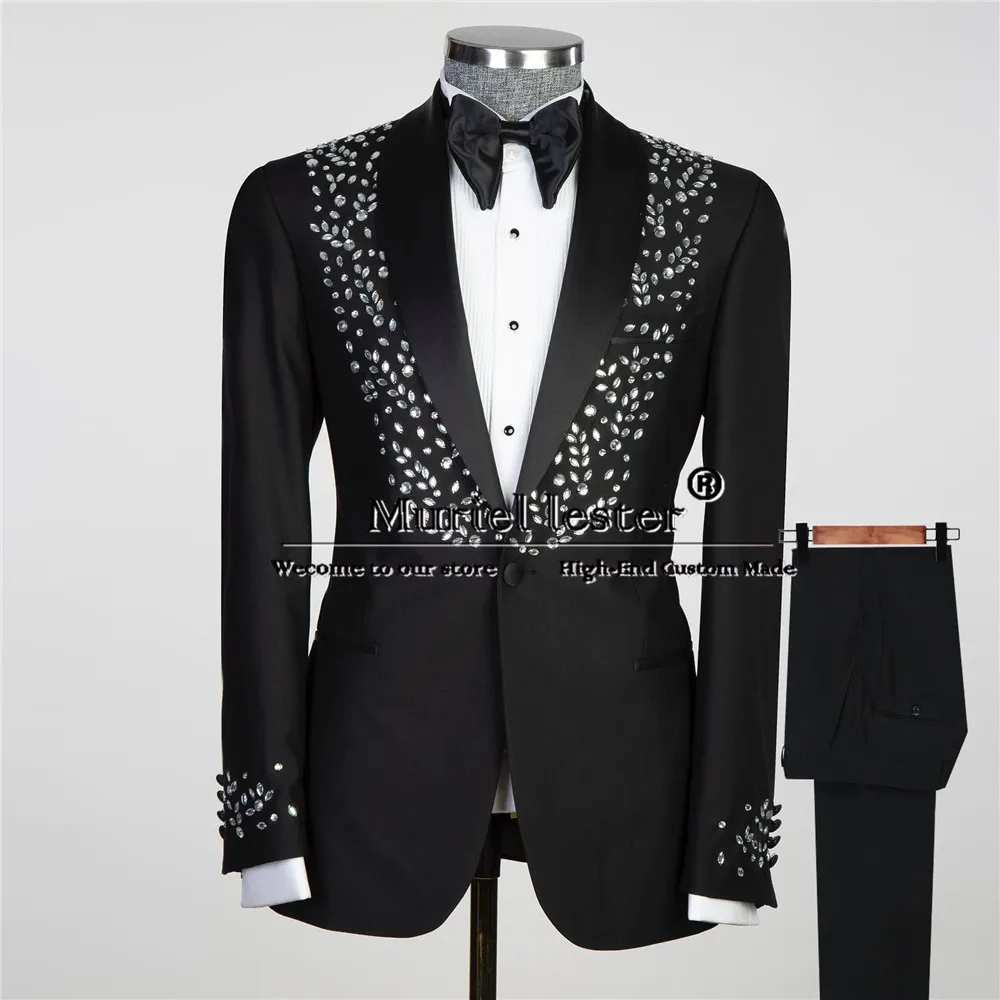 Esmoquin elegante para novio, chaqueta con cuentas plateadas, pantalones, trajes formales para fiesta y boda, conjuntos de Blazer para graduación, moda masculina, 2 piezas