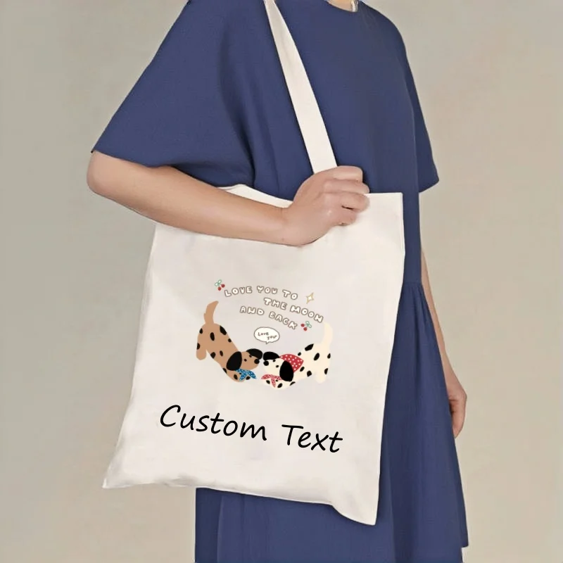 1pc Canvas Tote Bag Cute Dachshund Love Print Custom Text Roomy Durable 2 Colors Shoulder Bag