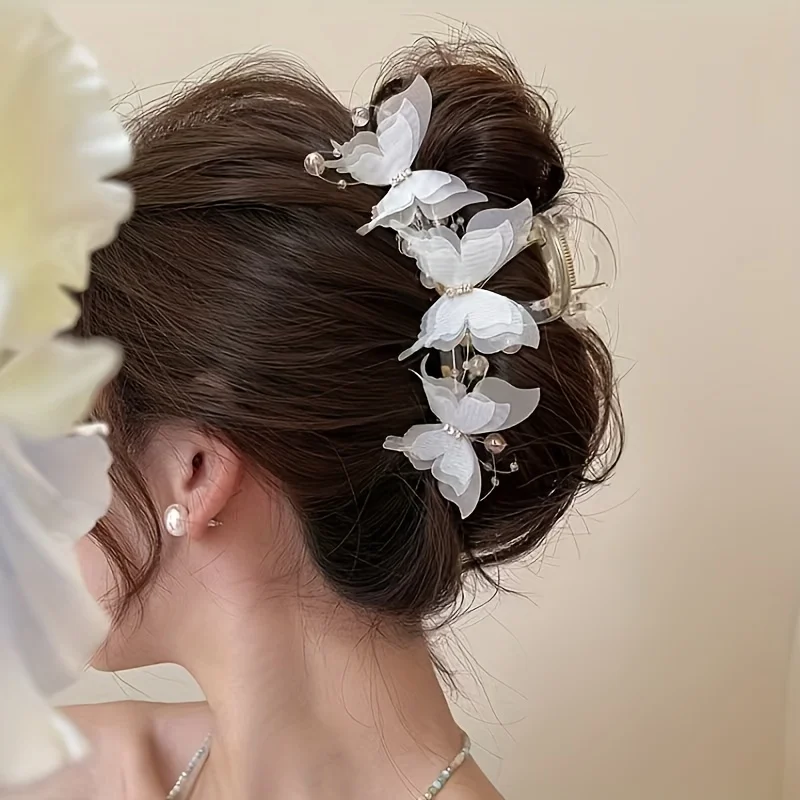 

1pc Elegant Butterfly Hair Clip, Black Fabric Butterfly with Pearl Design - Sweet Style for Back to School Wedding Beach Party