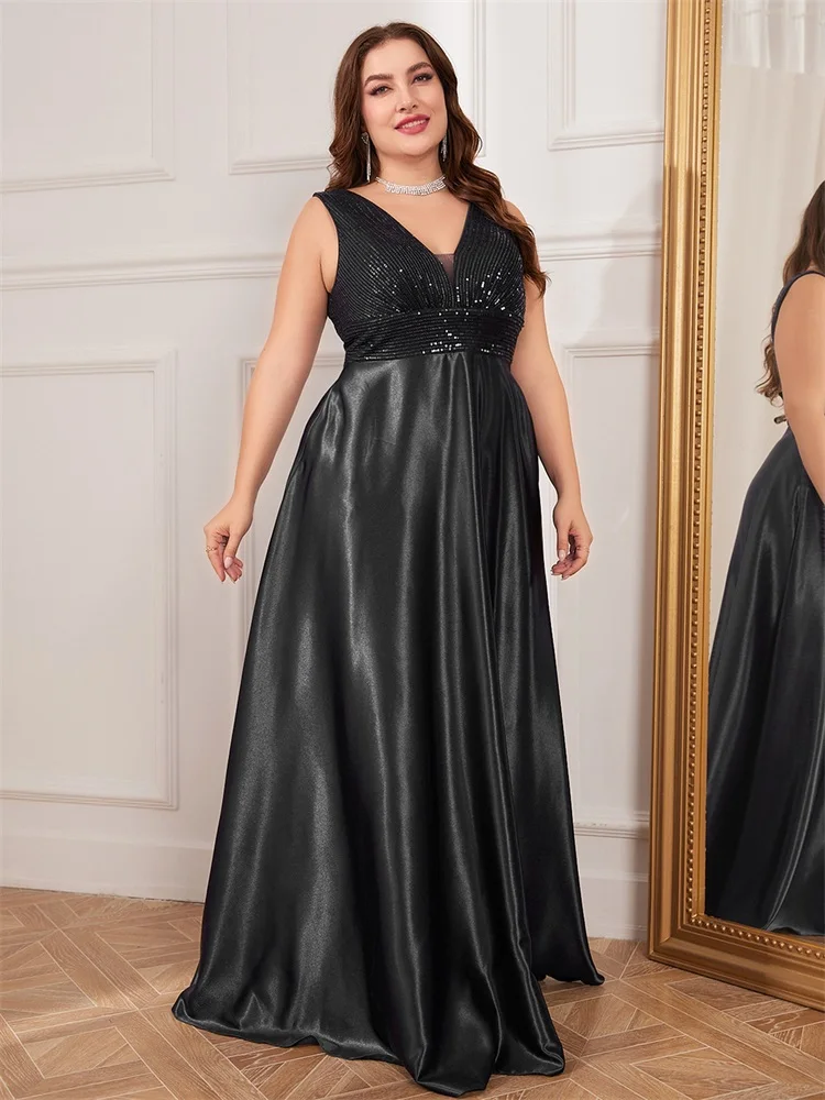 XUIBOL Plus Size Elegant Sequins Evening Dress For Women 2024 Deep V-neck Satin Prom Party Black Dress Floor Length Formal Gowns