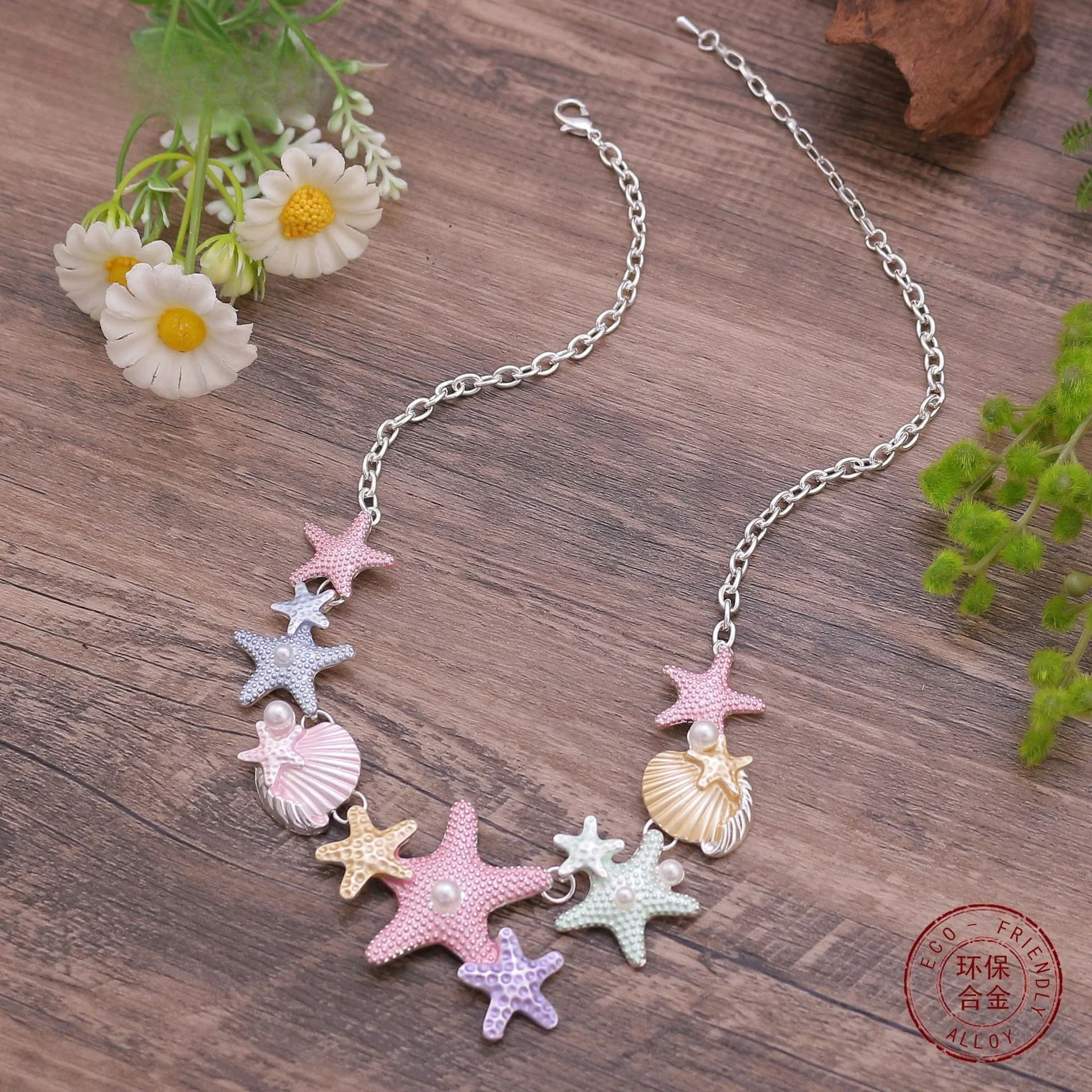 Popular color painting oil shell starfish necklace, small fresh, sweet and cute lady versatile starfish necklace