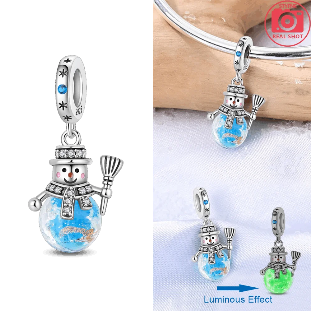 Red Sweater Bear Blue Snowflake Snowman Luminous Pendant Original S925 Silver Bead Fit Bracelet Diy Gift Women Accessory Jewelry