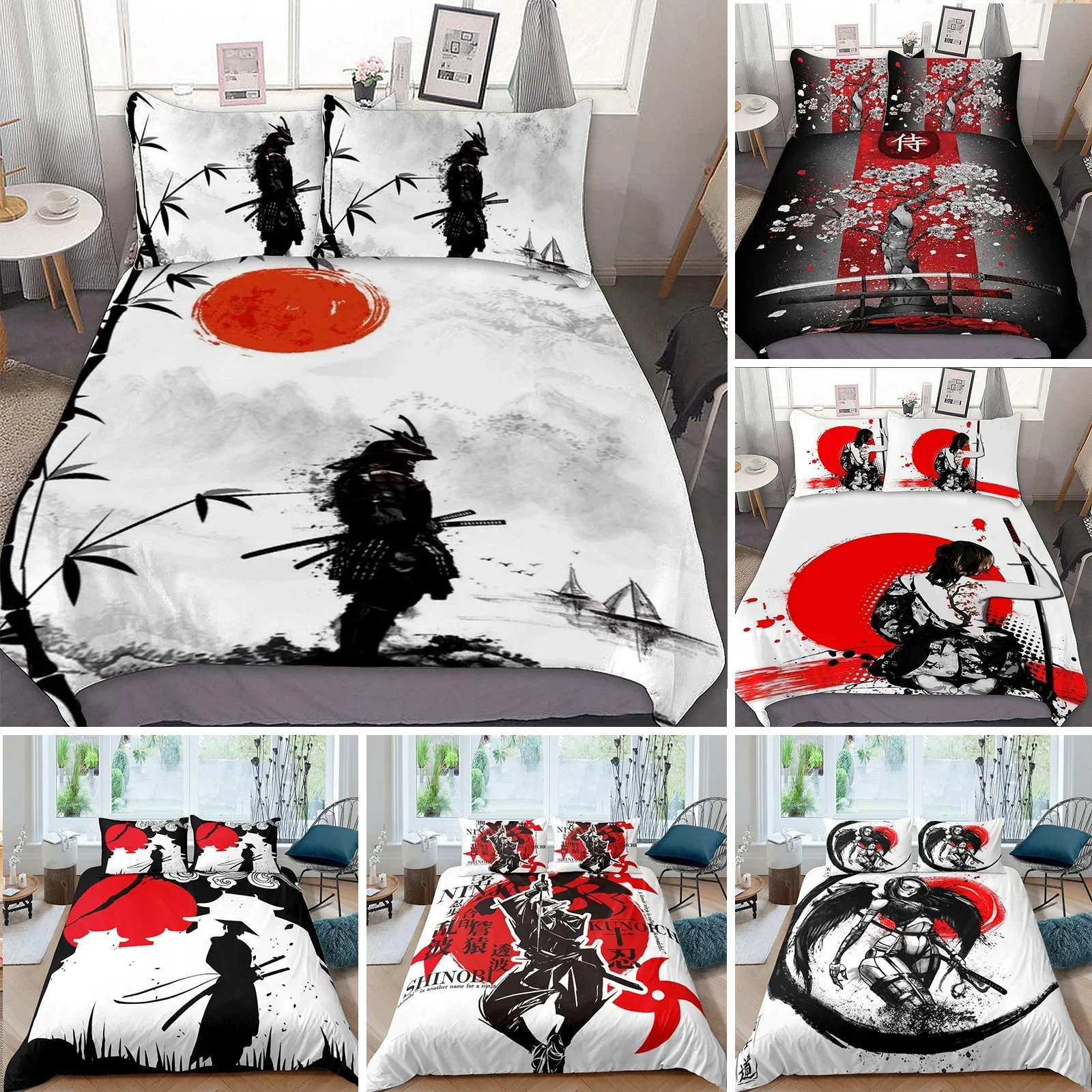 Japanese Samurai Bedding Set King/Queen/Full Size Japan Sunset Scenery Building Silhouette Polyester Duvet Cover Men Black Red