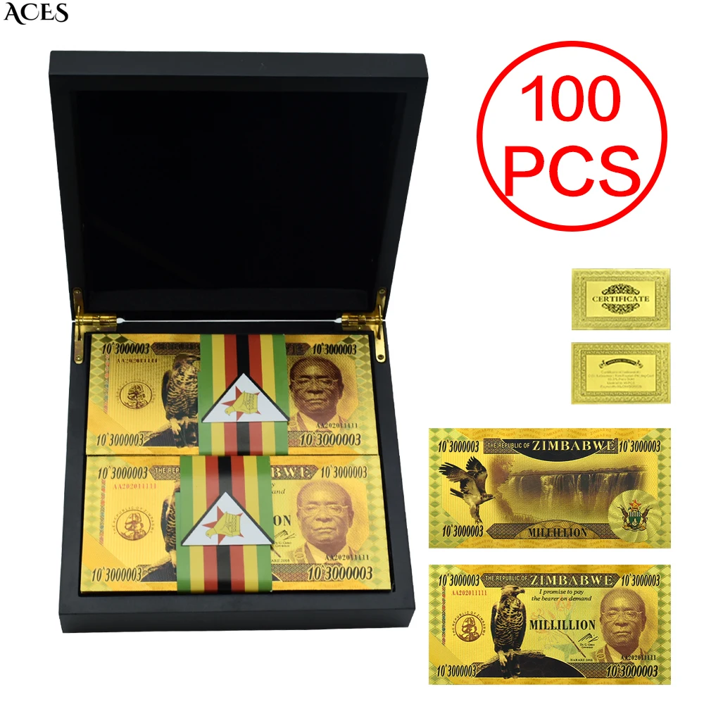 

100pcs Zimbabwe Gold Foil Banknotes 3000003zeros Millillion Dollars Art Worth Collection Exquisite Gifts with Wooden Box