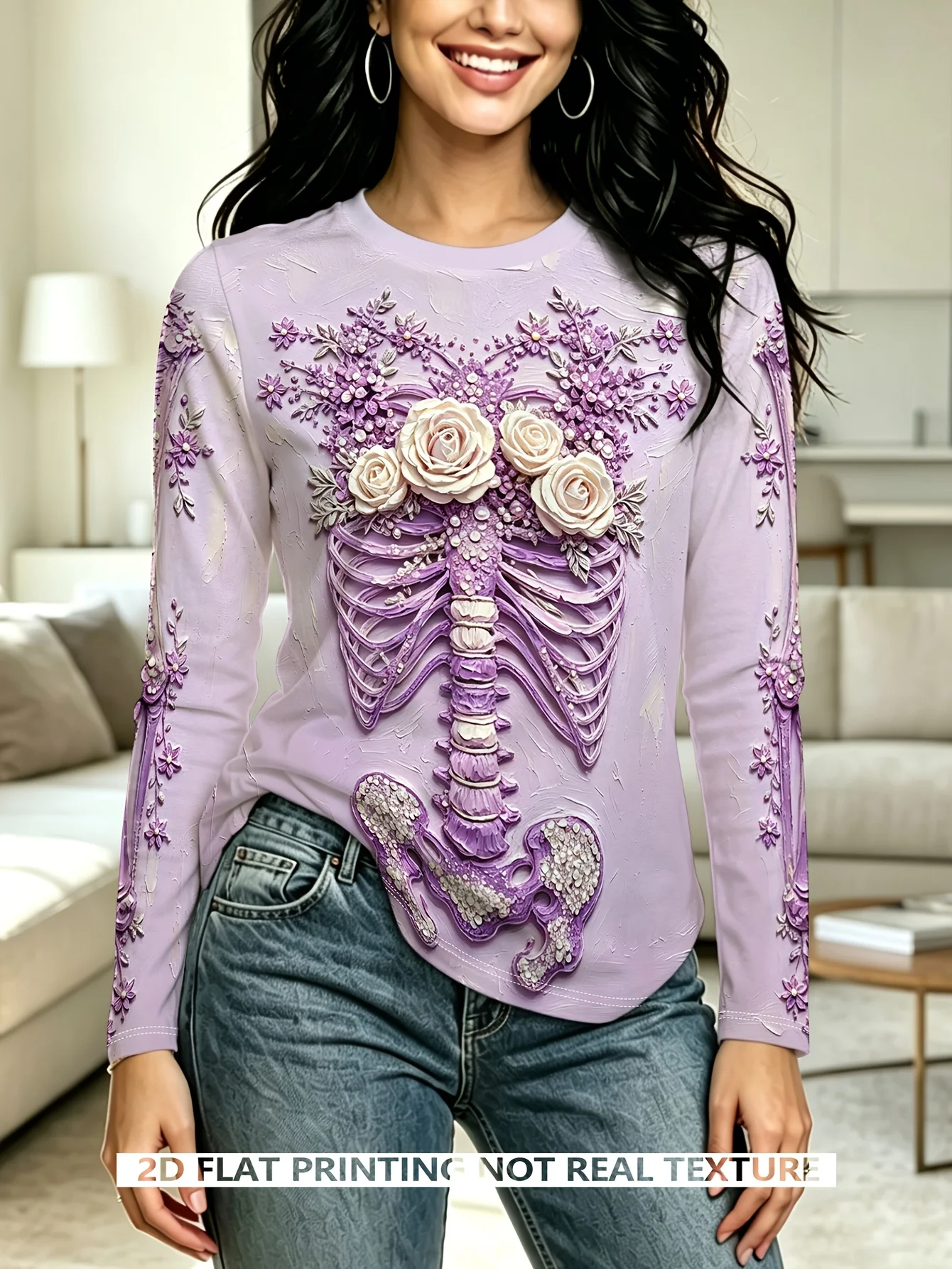 Women Long Sleeve T-shirt Round Neck Winter Snow Mountain Village Print Casual Holiday Tops Women's Clothes Outing Wear
