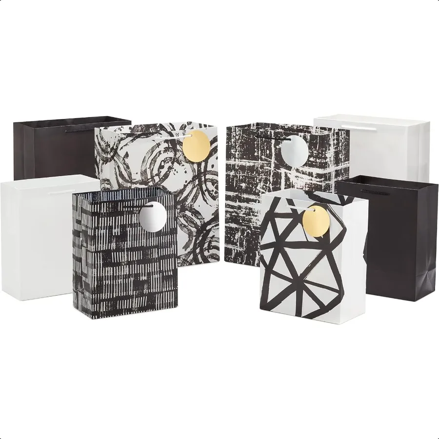 

Assorted Black and White Gift Bags 8 Bags: 4 Medium 9" 4 Large 13" for Weddings Graduations Retirements Valentine's Day Hallowe