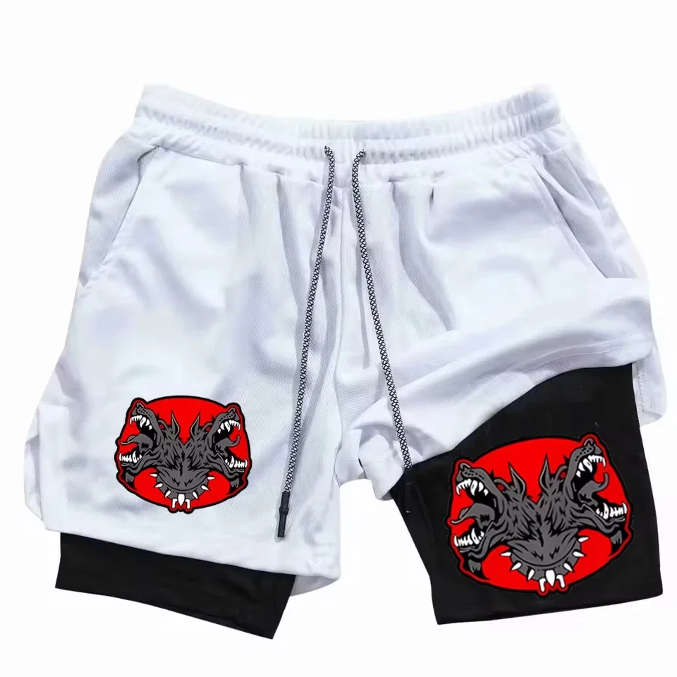 

Летние мужские спортивные двухслойные шорты с граффити в стиле хип-хоп и принтом дракона, быстросохнущие повседневные шорты 2-в-1 для тренажерного зала и фитнеса