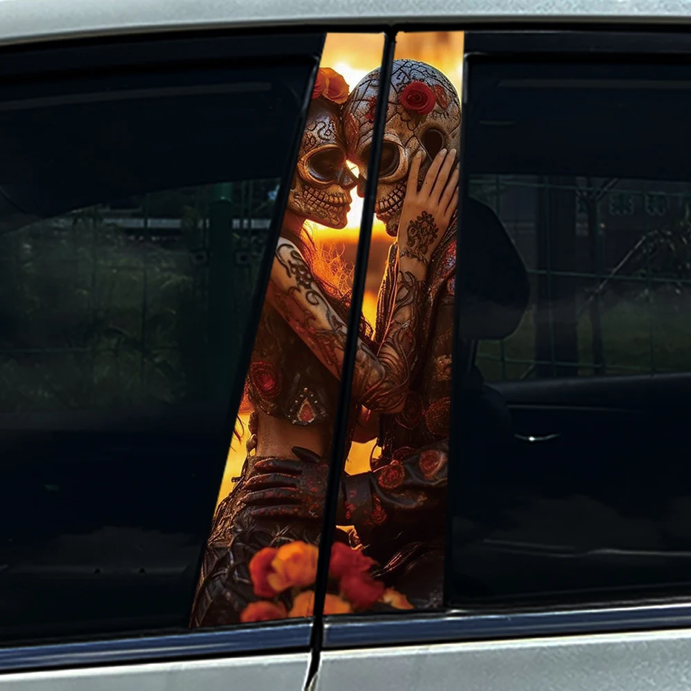 4Pcs/Set Sunset Sugar Skull Makeup Roses Love in Death Car Center Pillar Sticker B Pillar Protective Film Decoration For Nissan