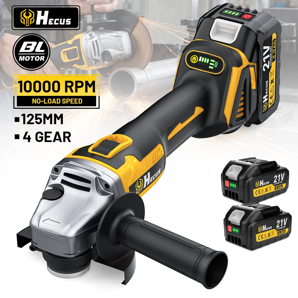 Hecus Bürstenloser 125MM Elektrischer Winkelschleifer Kabellos 4-Gang M14 Schleif- und Schneidwerkzeug für Holzarbeiten für Makita 18V Akku