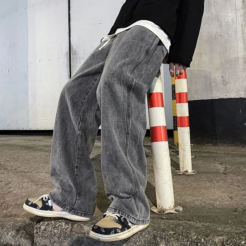 

2025 New Streetwear Loose Jeans Men Korean Style Fashion Loose Straight Wide Leg Pants Men's Brand Clothing Black Light Blue