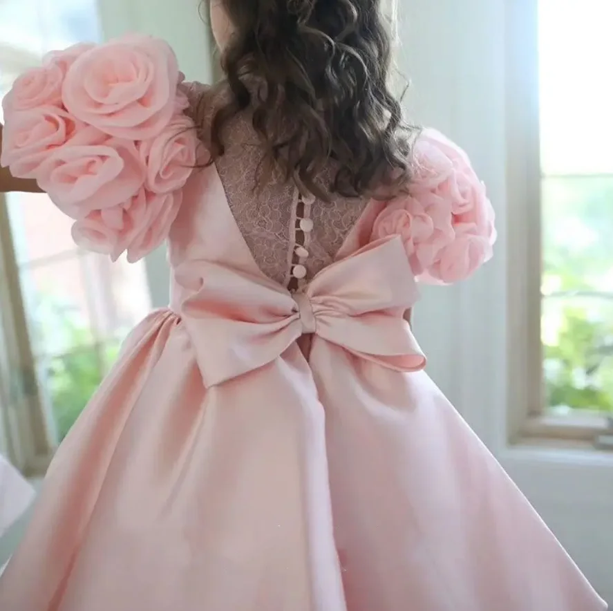 New Pink Puffy Flower Girl Dress Short Sleeves Princess Kid Beauty Pageant Birthday Party Prom Gown First Communion Dress