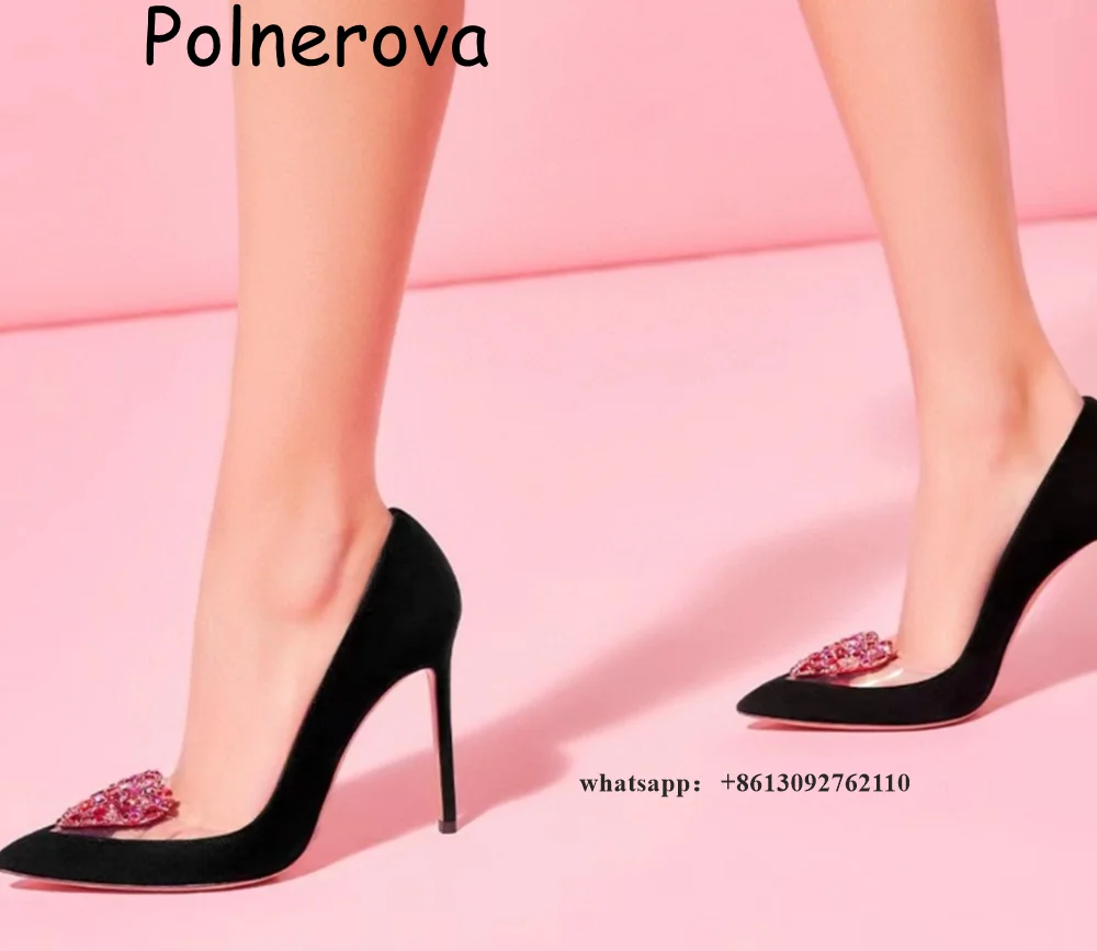 

Love Rhinestone Pumps Thin High Heels Pointed Toe Women's Shoes Spring Casual Party Pvc Patchwork Solid Ladies Fashion Shoes